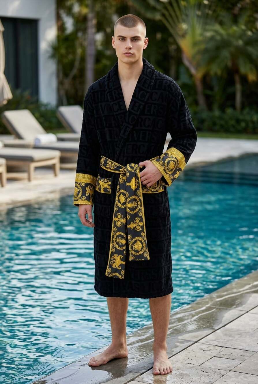 Versace Luxury Bathrobe / Robe – Black & Gold Baroque Medusa Style XXL